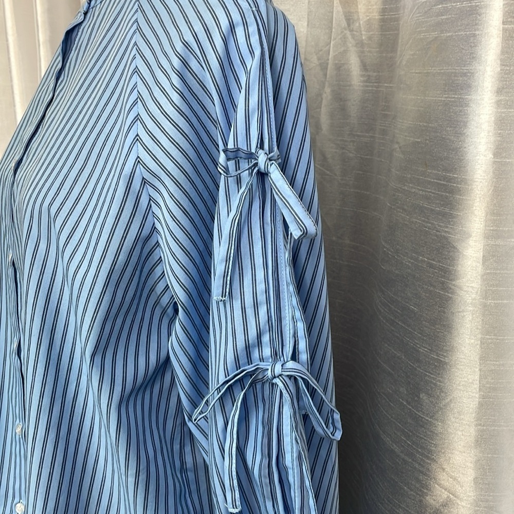 Striped Blue Tie-Sleeve Button-Front Women’s Top - Picture 5 of 9